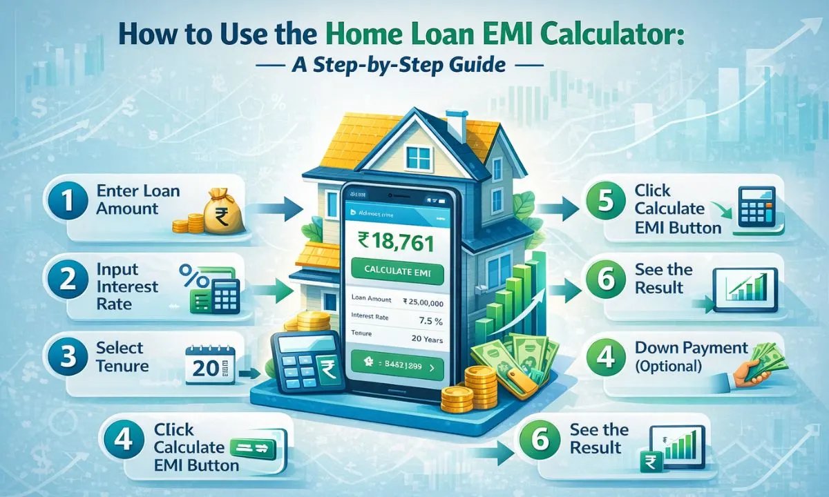 Step-by-step guide infographic on how to use home loan EMI calculator: Enter loan amount, interest rate, tenure, adjust fees, and view EMI breakdown with house and calculator icons